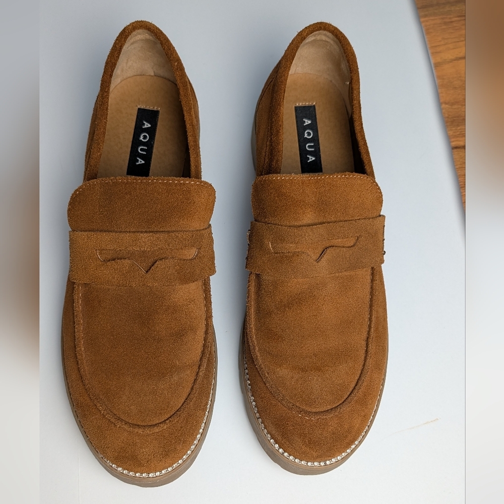 Aqua Women's Derbr Suede Rhinestone Slip-On Loafers Light Brown Size 11